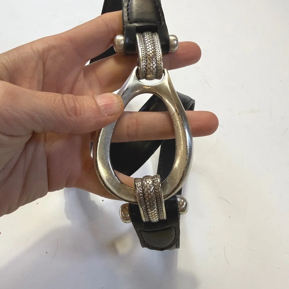 Black Leather Belt Oversized Silver Horseshoe Buckle Equestrian Small